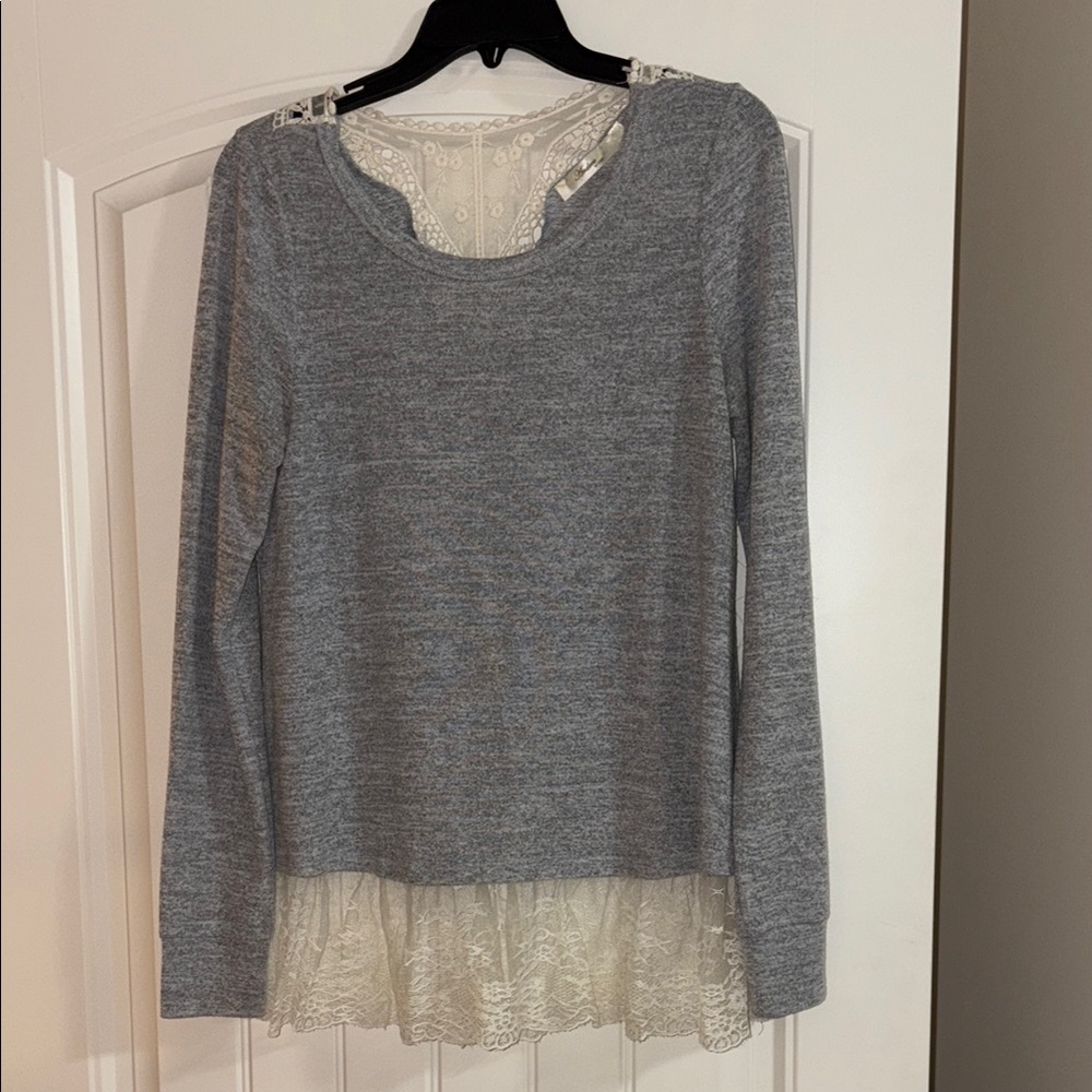 Gray Lace Hem Women's Top